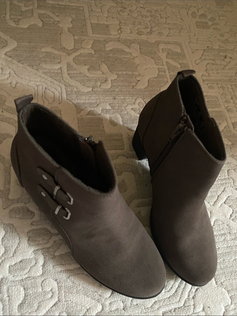 Clarks Taupe Suede Ankle Booties with Side Buckles